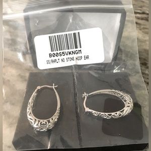 EARRINGS 925 Sterling Silver oval Hoop Earrings, 1 1/4” with Filigree design NEW